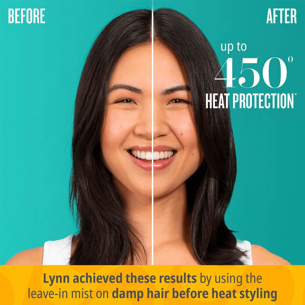 Before and after comparison of a woman's hair with text about heat protection and product use.