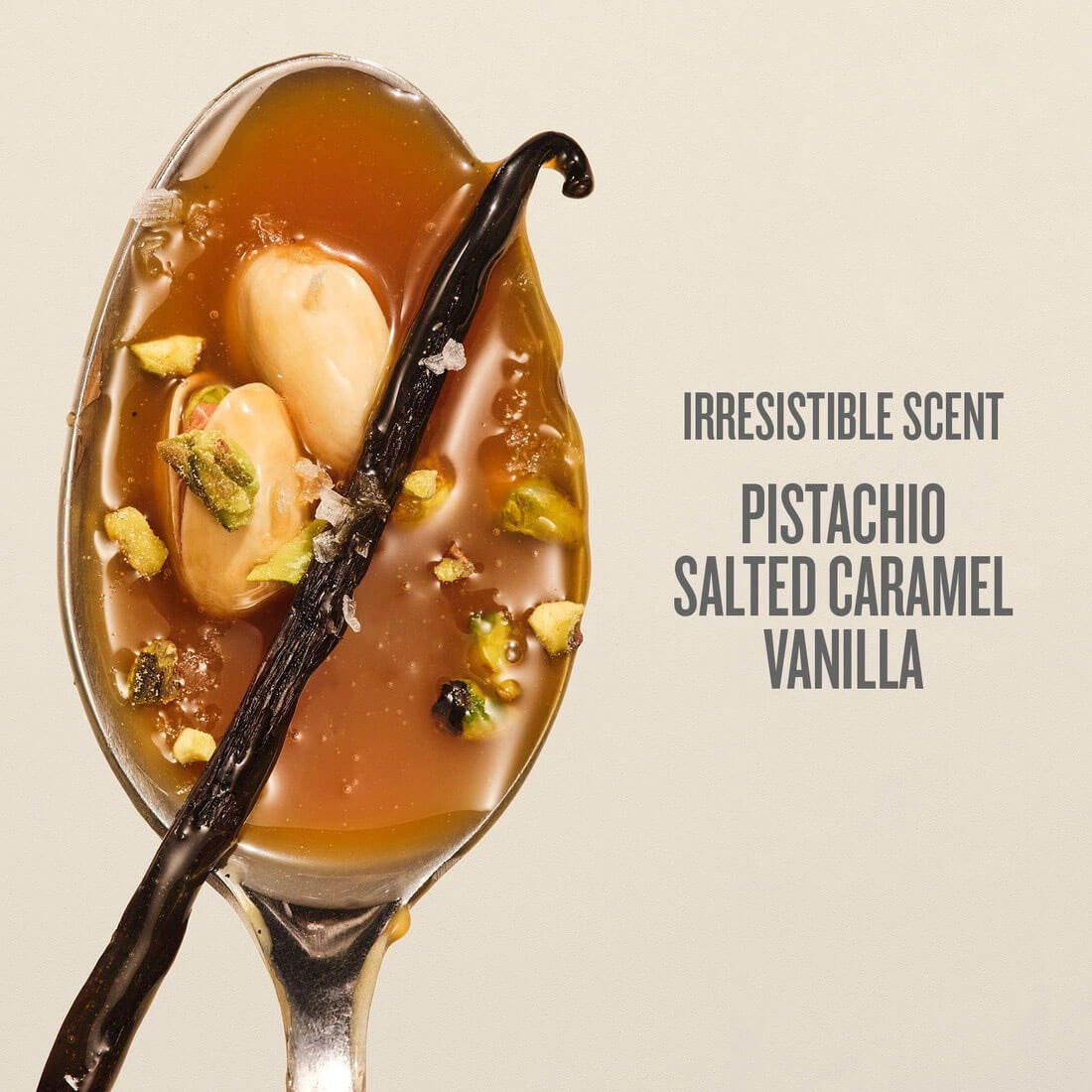 Spoon with pistachio, salted caramel, and vanilla on a beige background