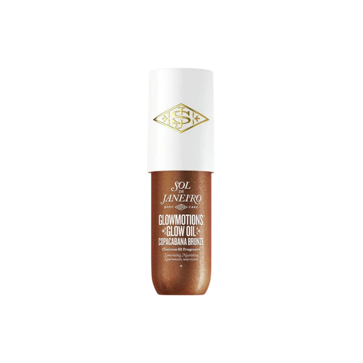 Bottle of Sol de Janeiro Glow motions glow oil on a white background