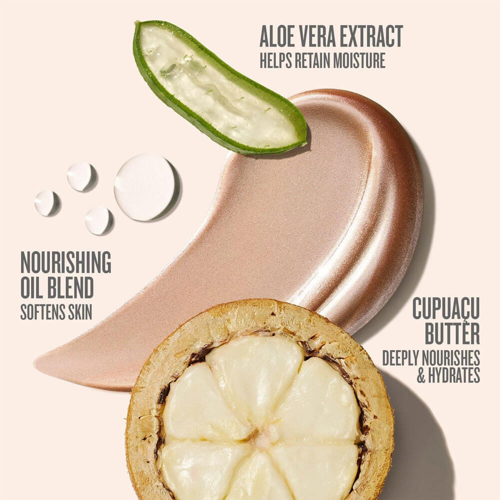 Cosmetic product with aloe vera extract, cupuácu butter, and nourishing oil blend on a white background.