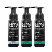 Three bottles of Shedid Parrish hair care products on a white background