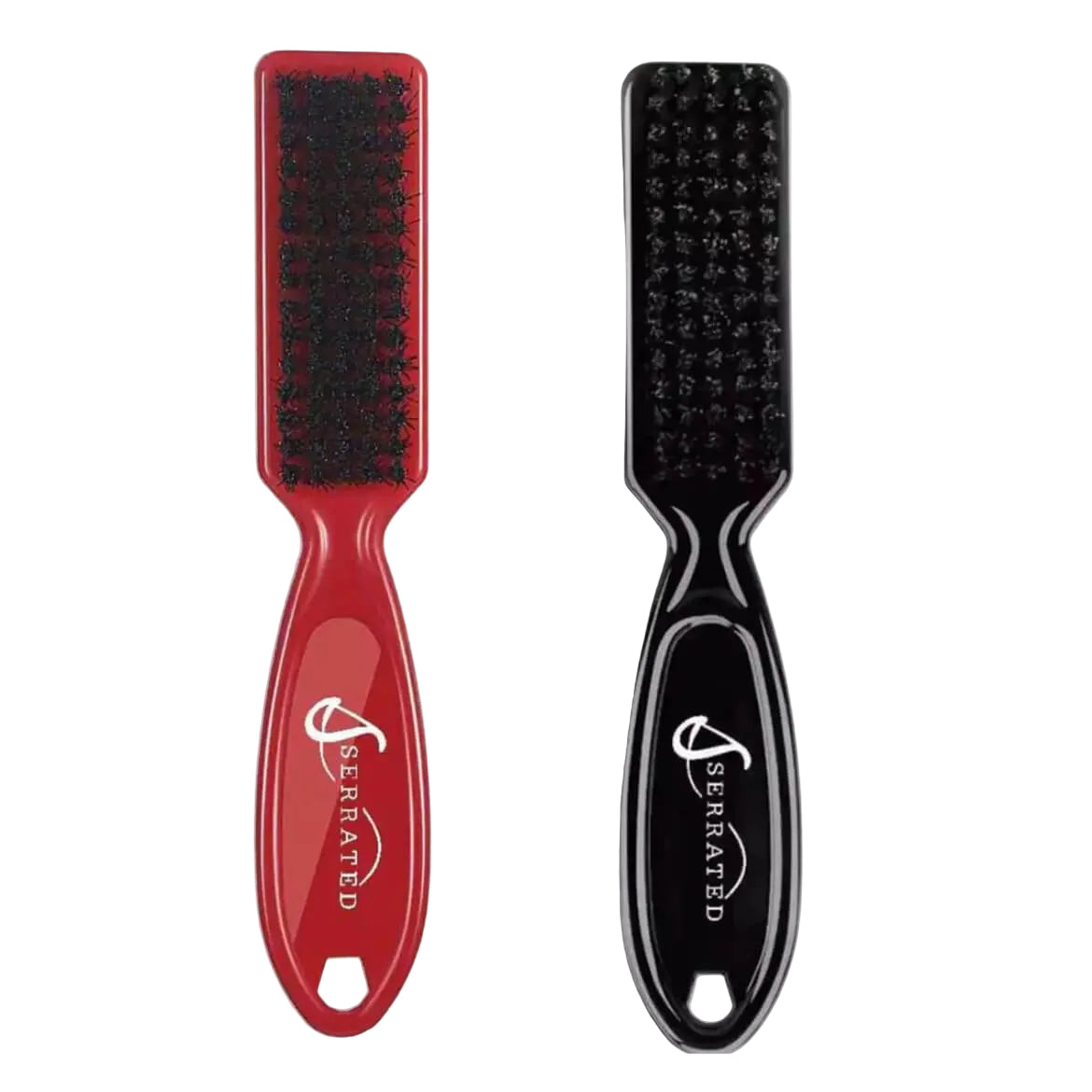 Red and black hairbrushes with 'Serrated' branding on a white background