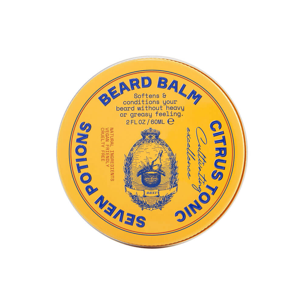 Yellow container of beard balm with blue text on a white background