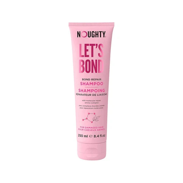 Pink shampoo bottle labeled 'Noughty Let's Bond' on a white background