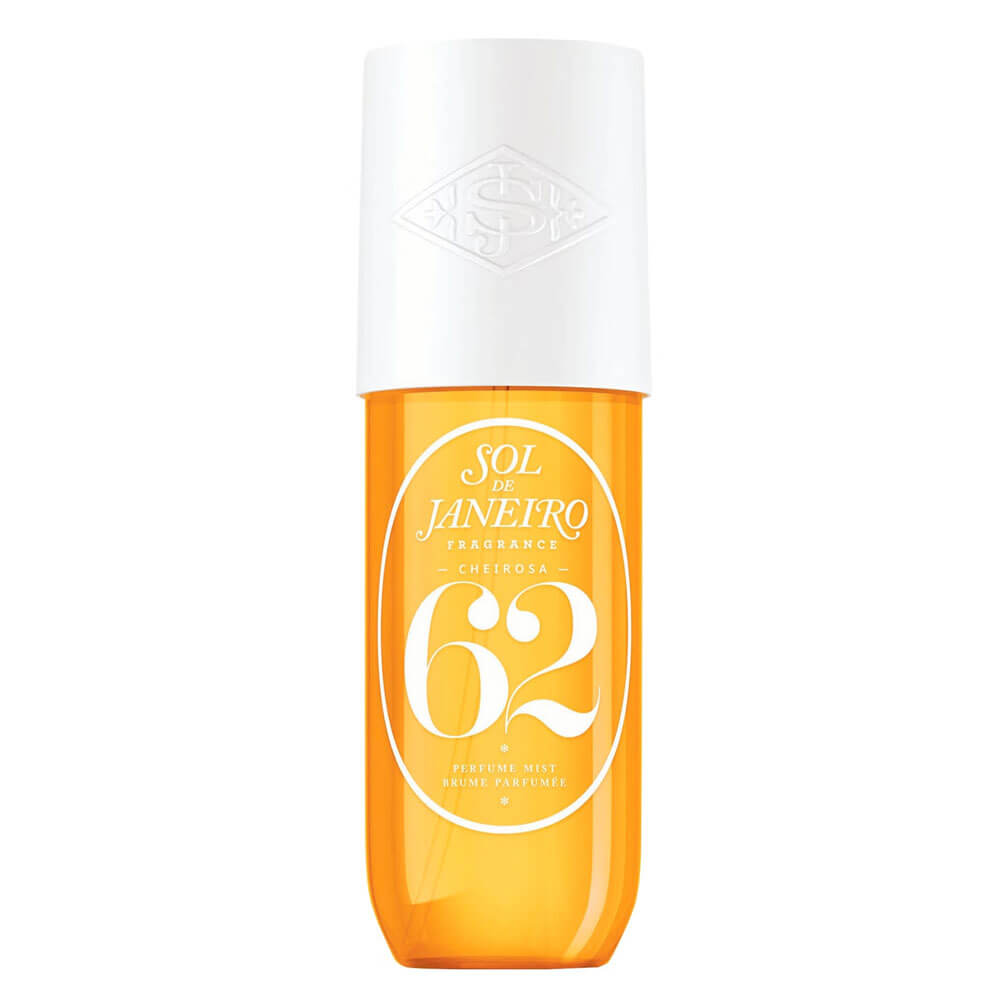 Orange and white bottle of Sol de Janeiro perfume on a white background