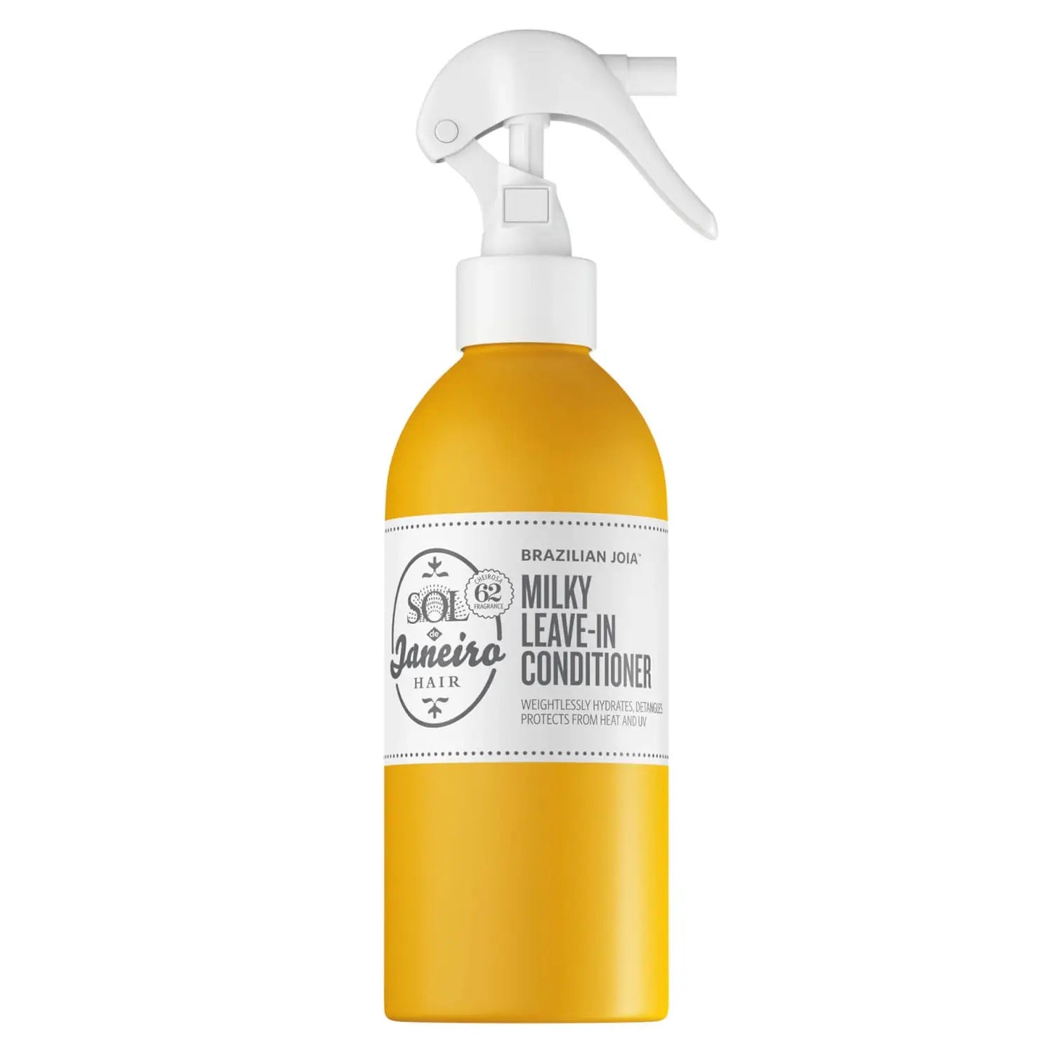 Yellow bottle with white spray nozzle labeled 'Sol de Janeiro' on a white background