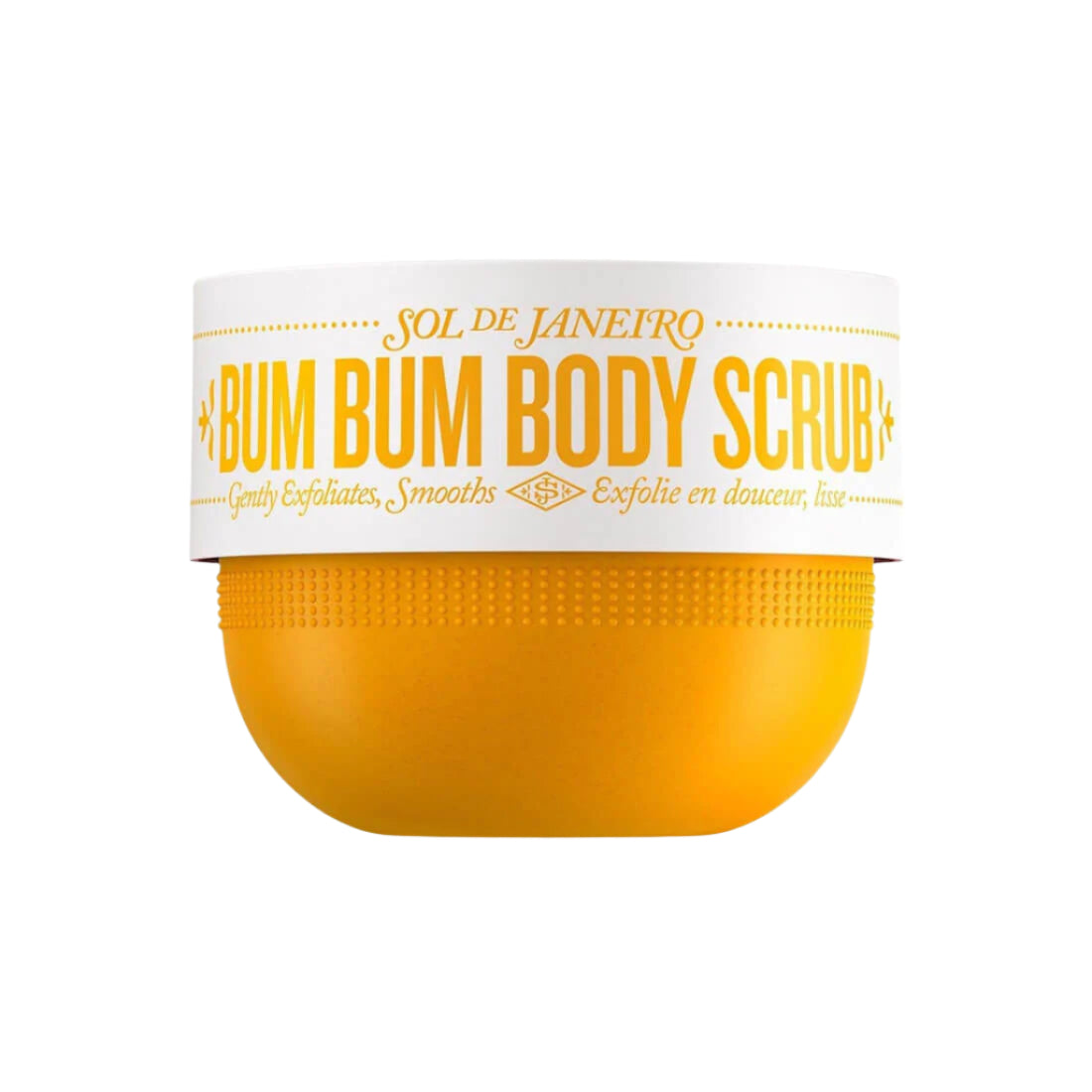 Yellow 'Bum Bum Body Scrub' container with white lid on a white background