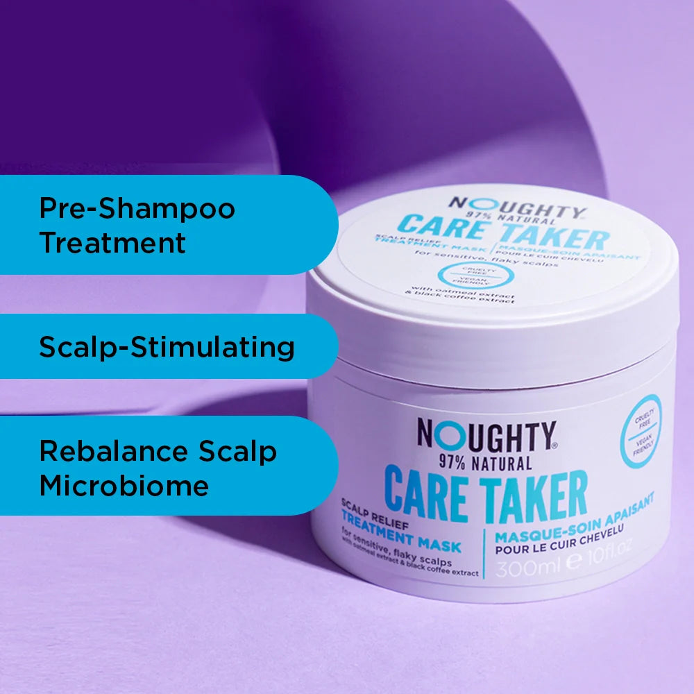 Nughty Care Taker product on a purple background with text highlighting features.
