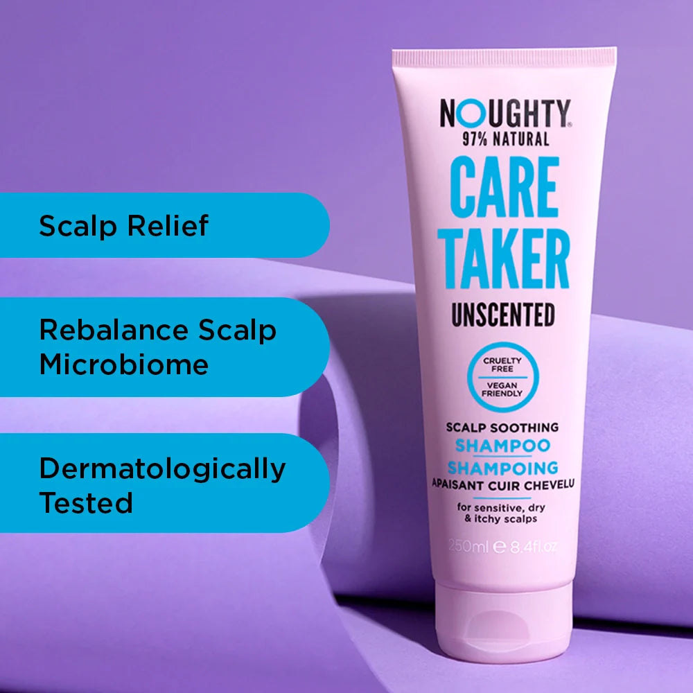 Noughty Care Taker Unscented shampoo tube on a purple background with text about product benefits.