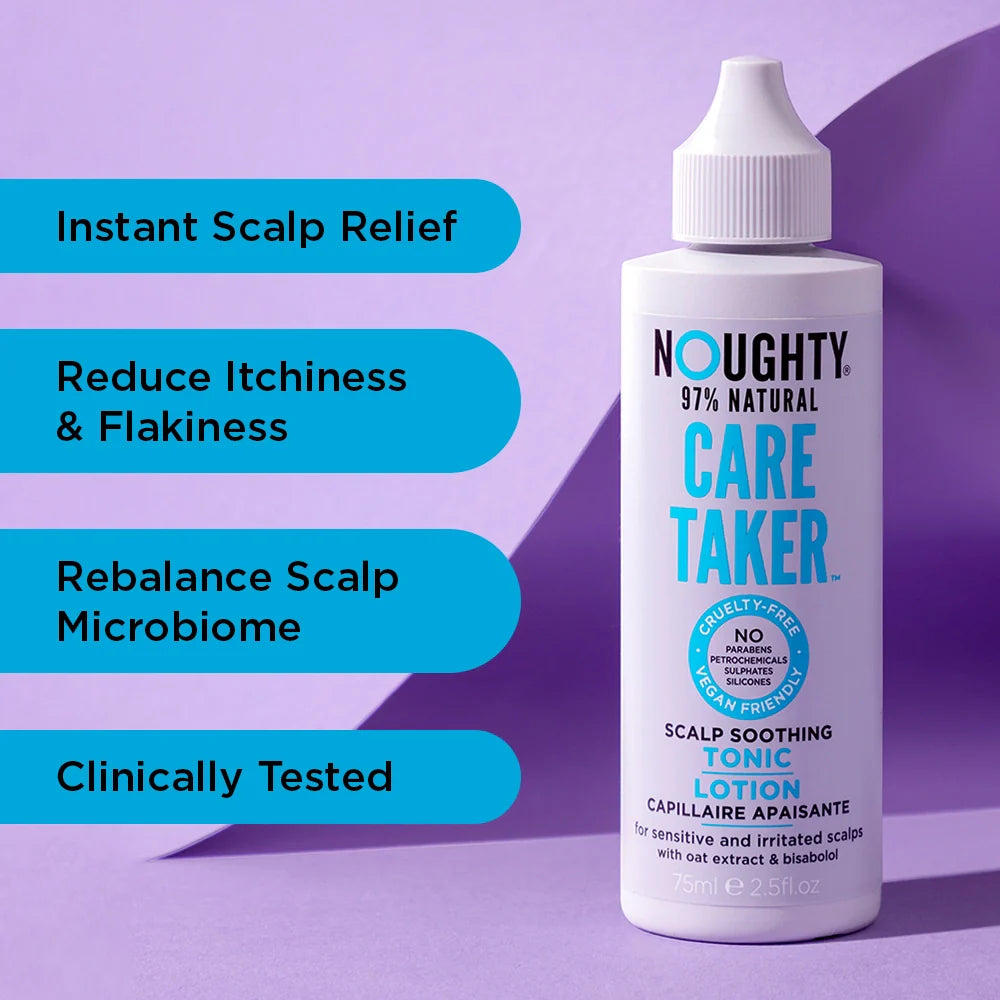 Nughty Care Taker scalp tonic bottle with benefits listed on a purple background