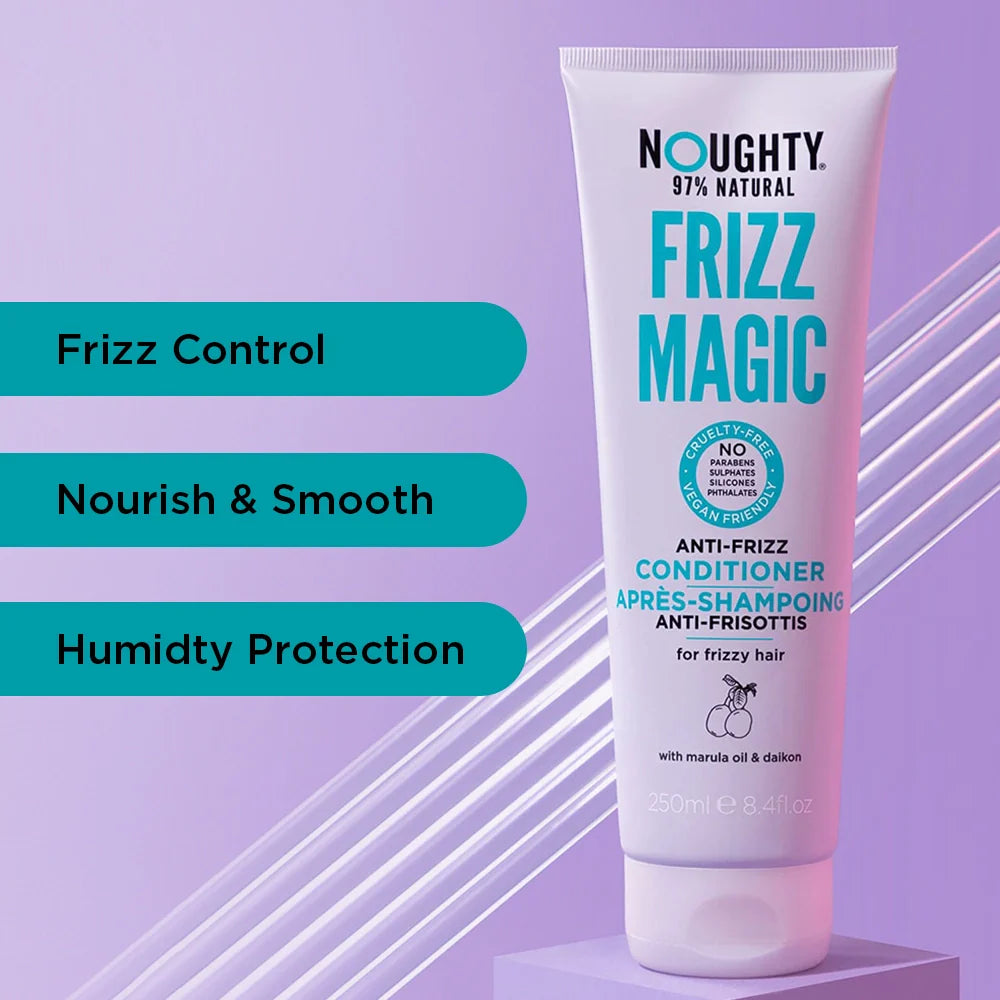 Noughty Frizz Magic conditioner bottle on a purple background with text highlighting features.