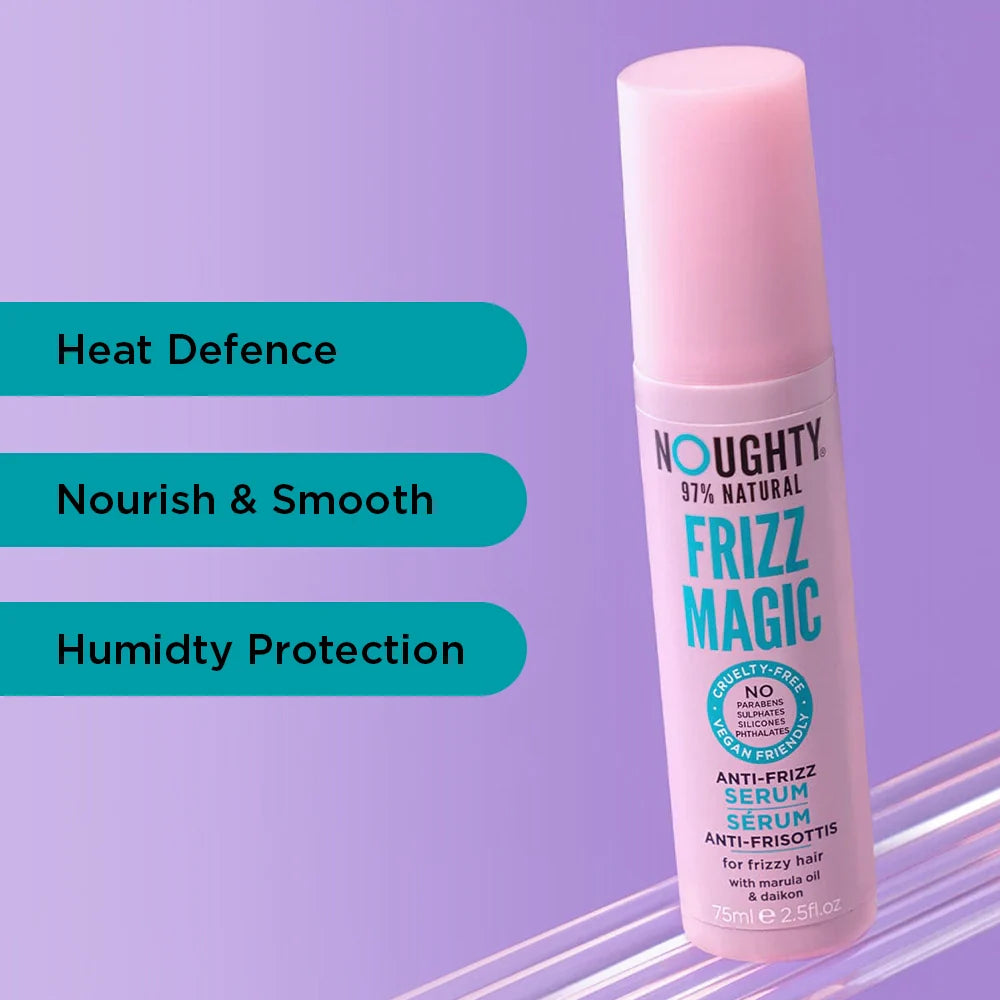 Noughty Frizz Magic anti-frizz serum bottle with features listed on a purple background