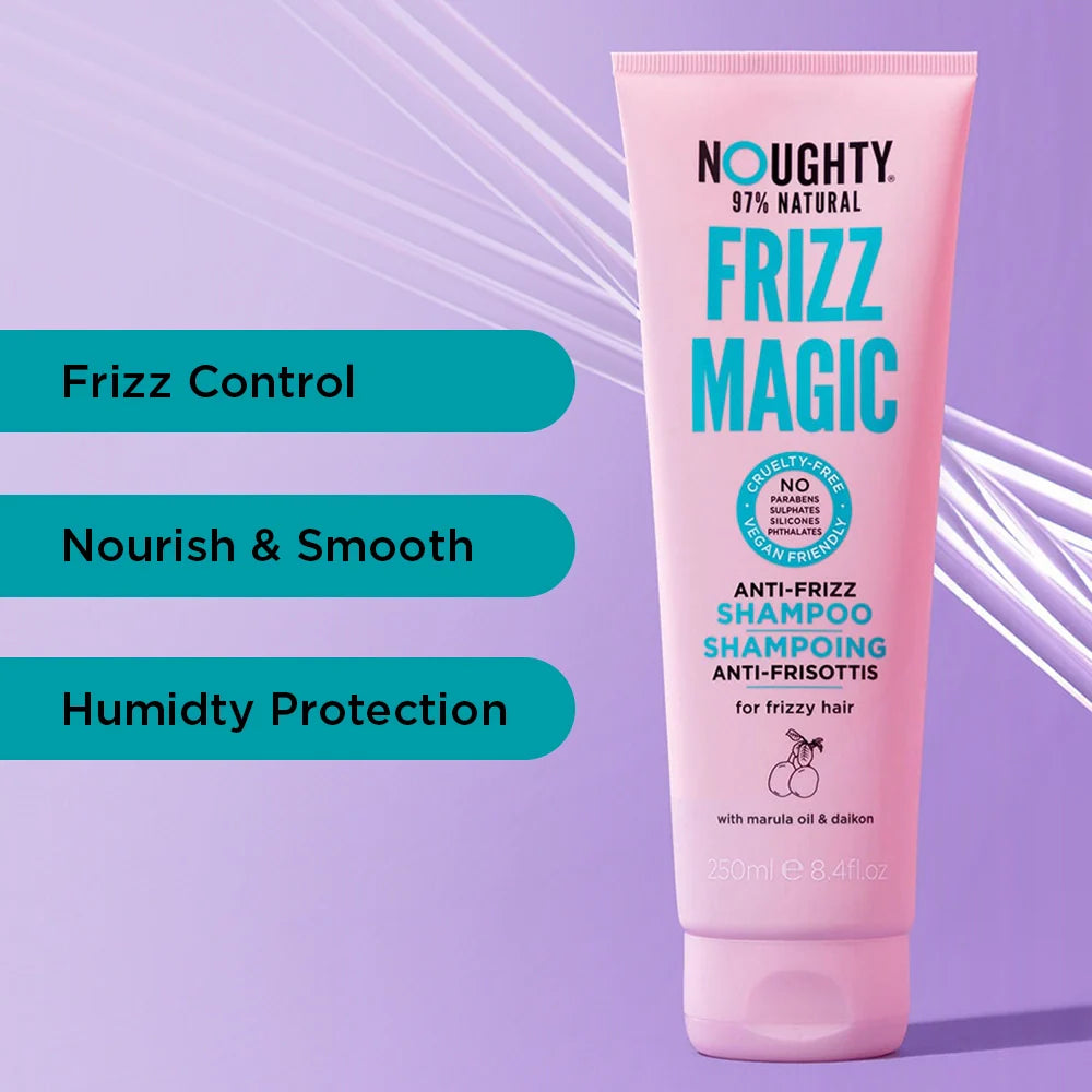 Noughty Frizz Magic shampoo tube on a purple background with text highlighting features.