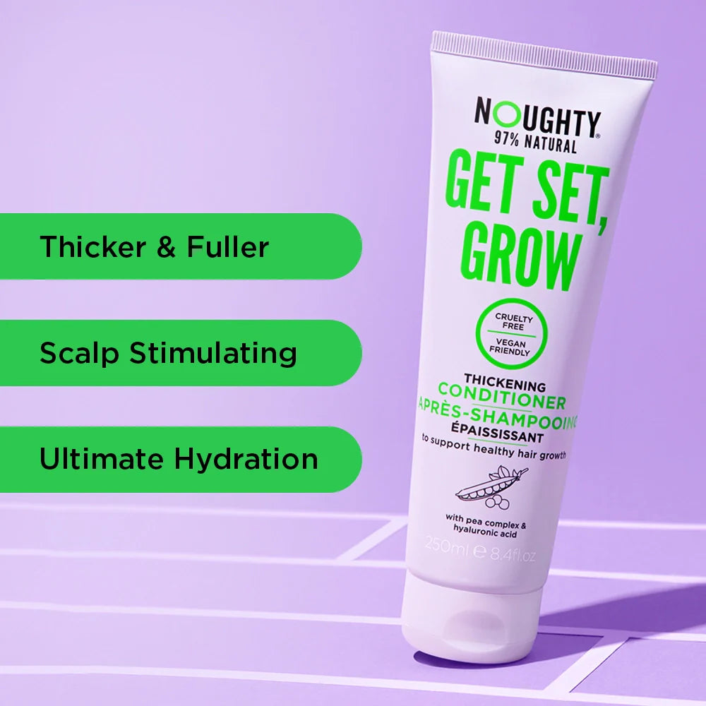 Tube of Noughty Get Set, Grow thickening conditioner on a purple background with text highlighting benefits.
