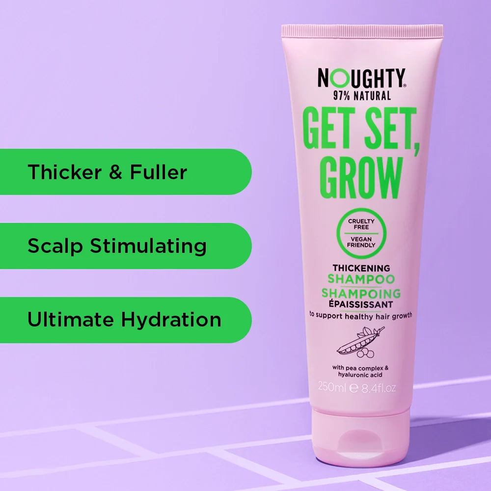 Pink shampoo tube labeled 'Noughty' on a purple background with text about product benefits.