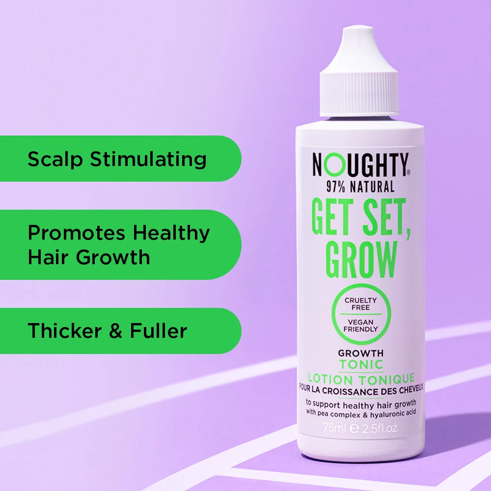 Hair growth tonic bottle with text on a purple background