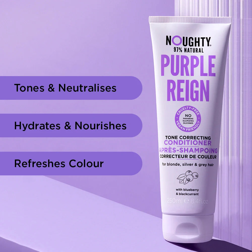 Tube of Noughty Purple Reign conditioner on a purple background