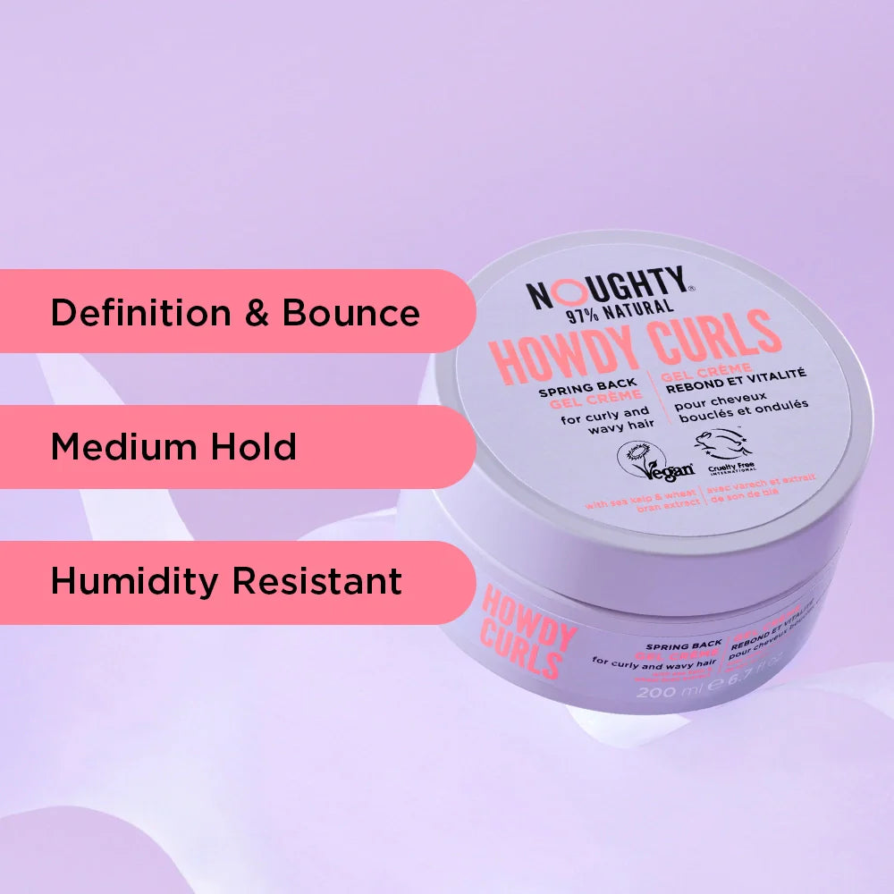 Jar of 'Noughty Howdy Curls' hair product with text on a light purple background