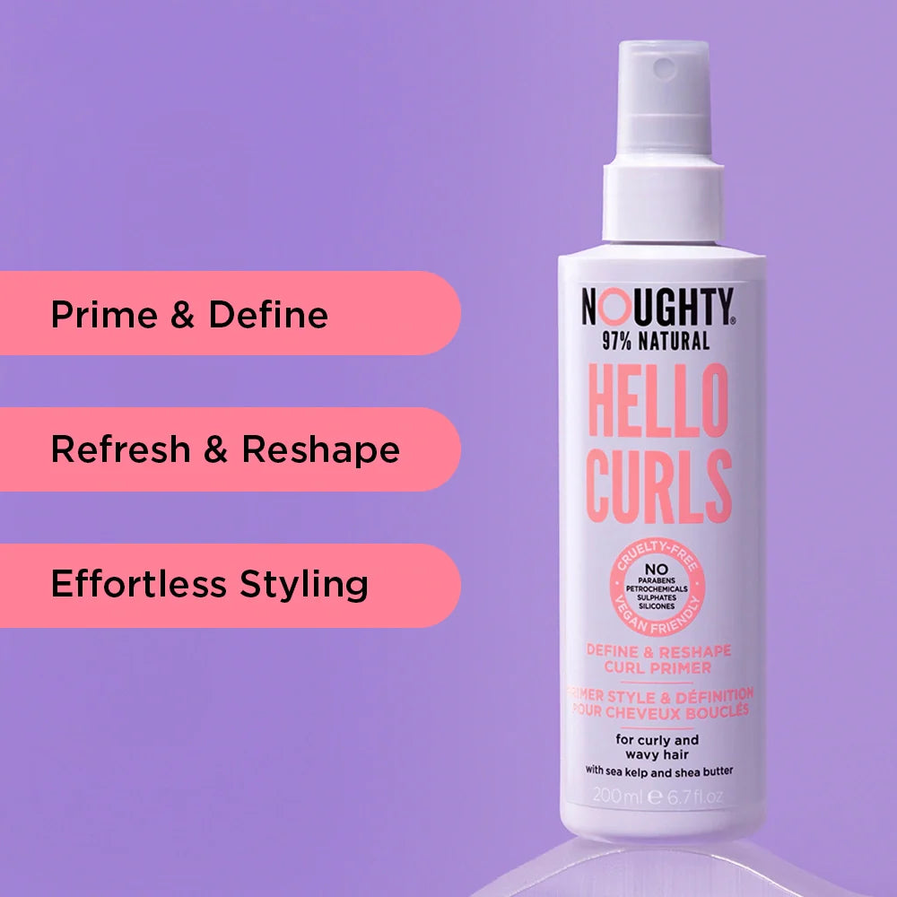 NOUGHTY 'Hello Curls' hair product bottle on a purple background with text describing product uses.