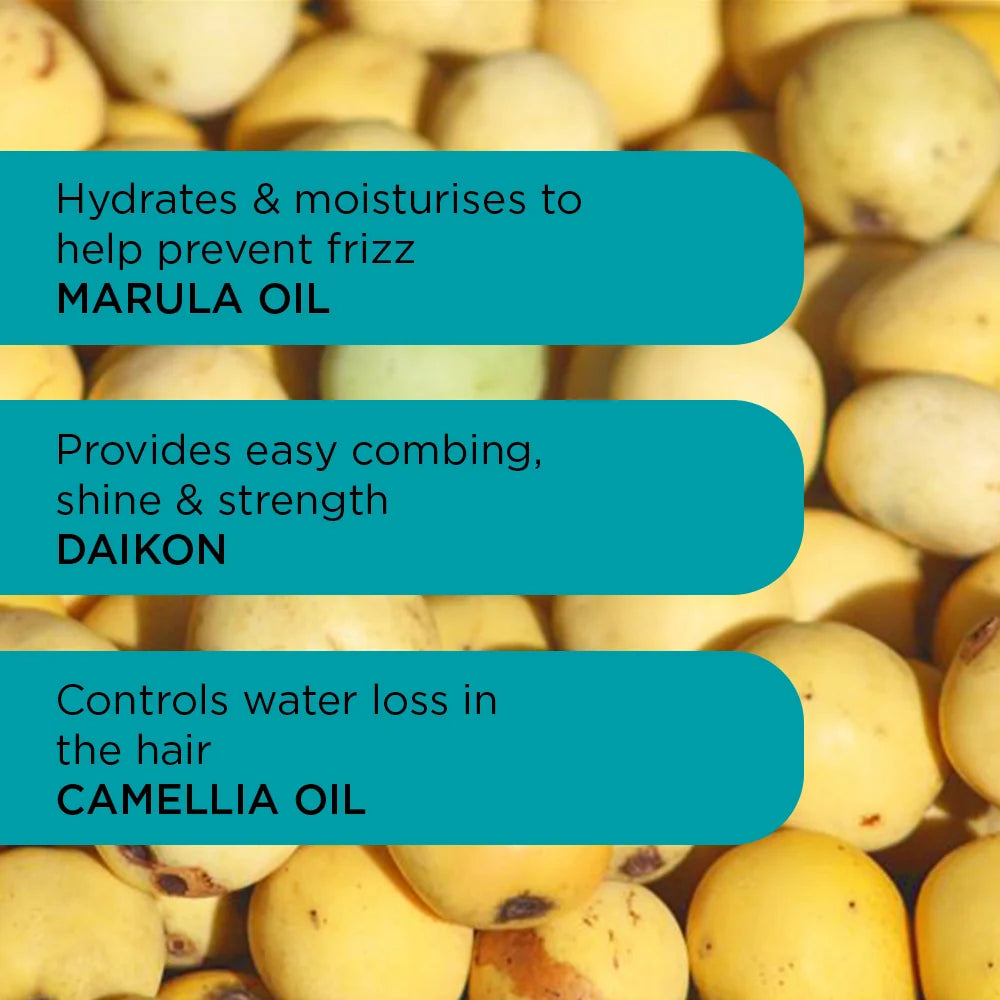 Text overlay on a background of daikon radishes with benefits listed for hair care.