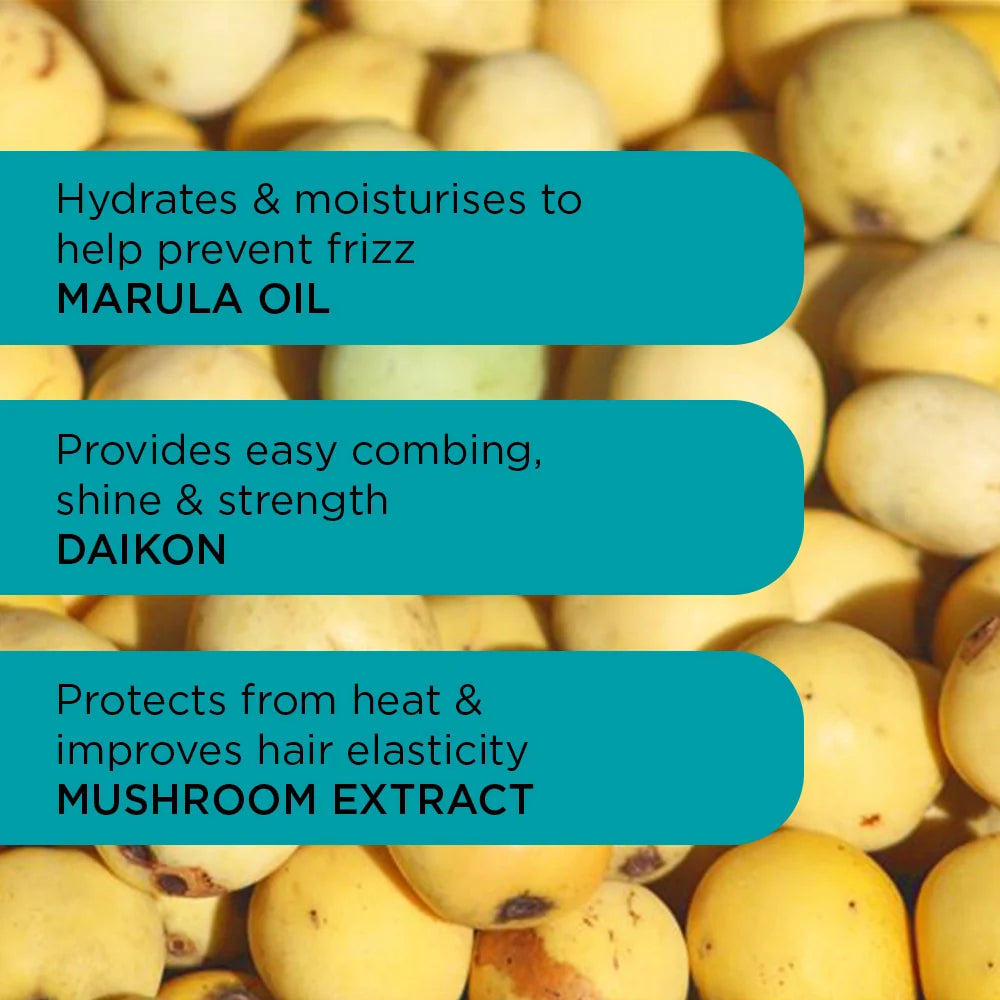 Text overlay on a background of daikon radishes with benefits listed for hair care.