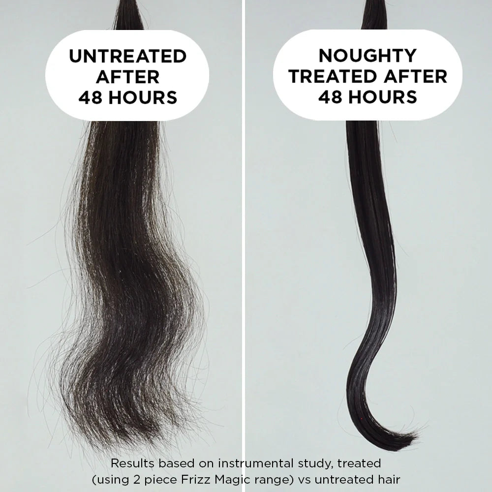 Comparison of untreated and treated hair after 48 hours on a plain background.