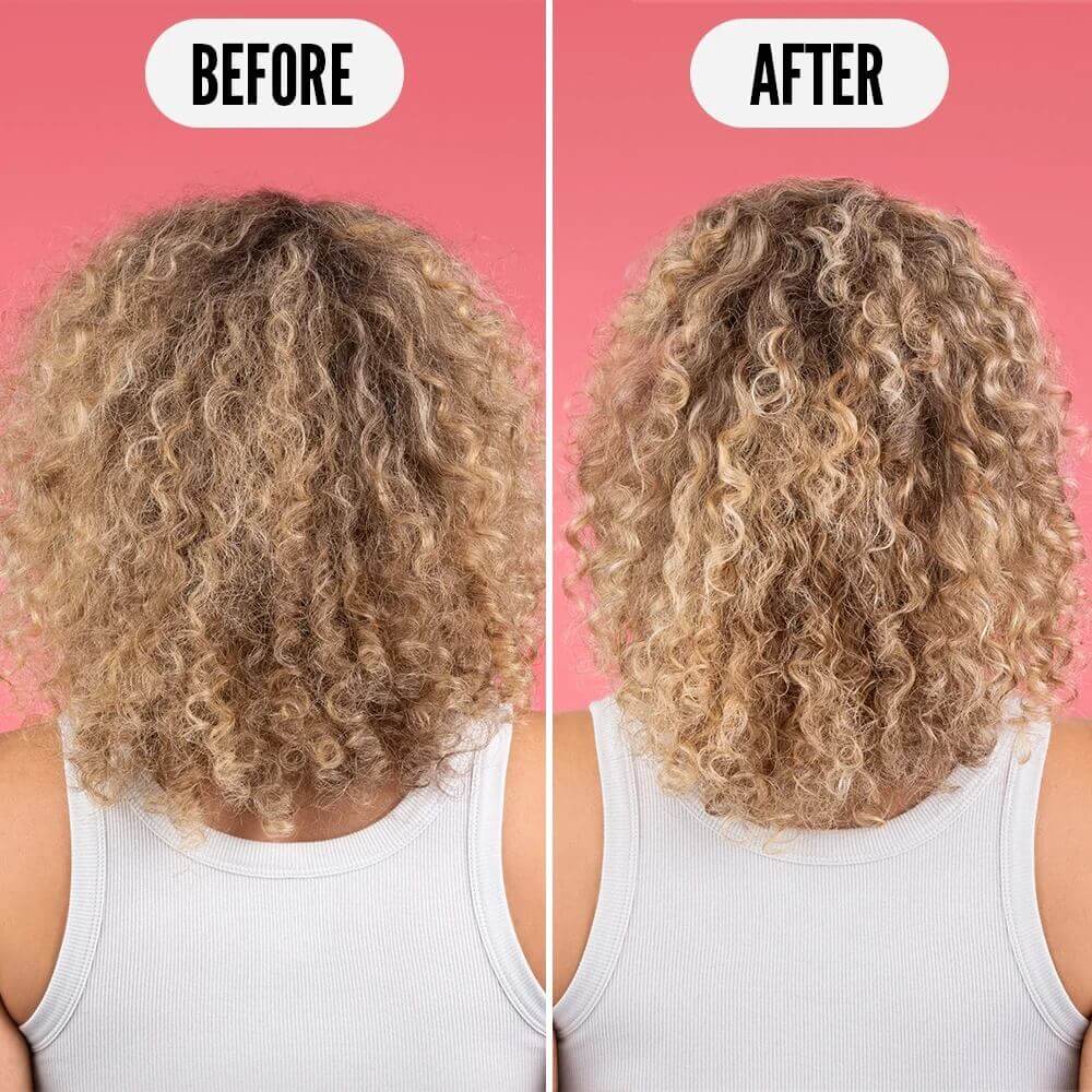 Before and after comparison of curly hair on a pink background