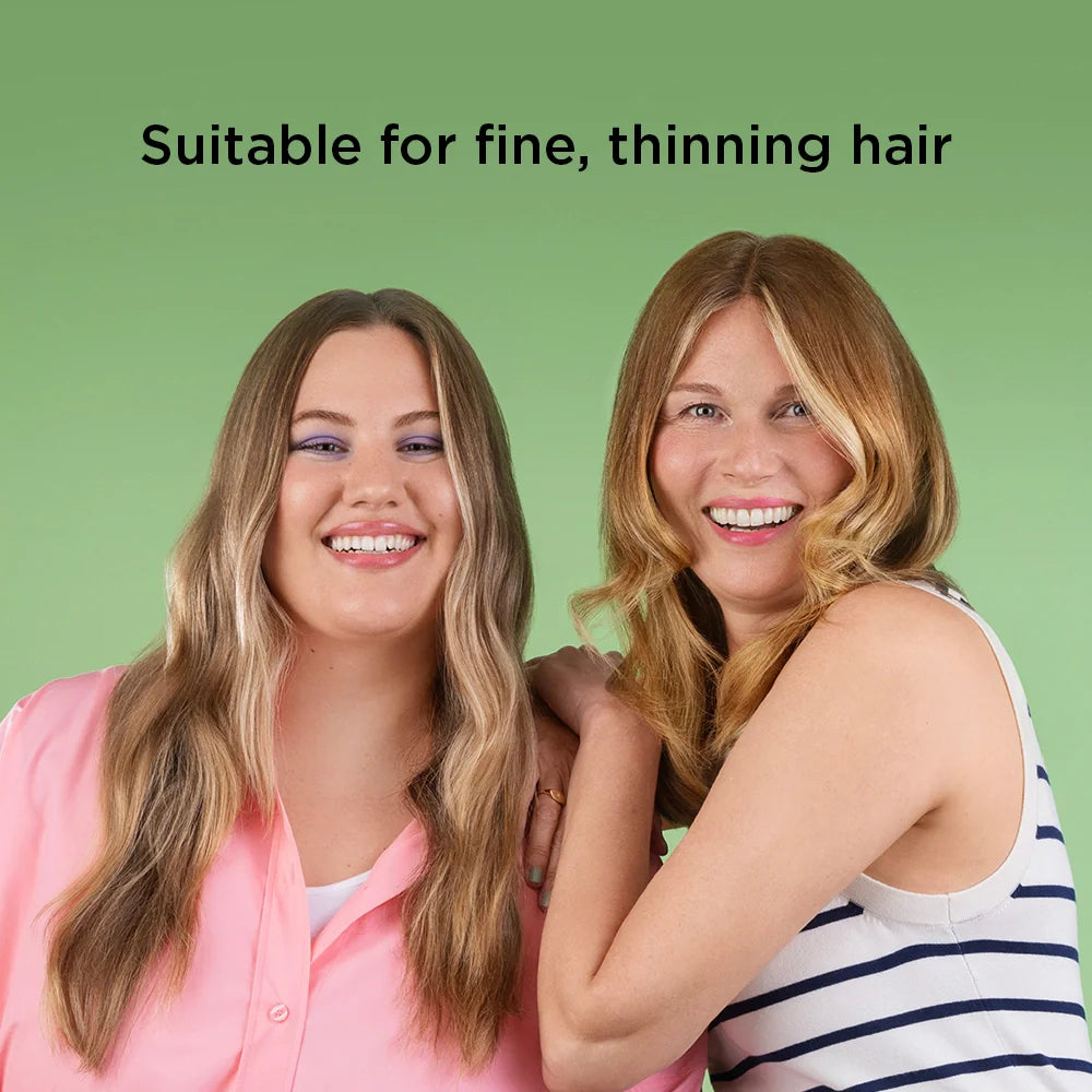 Two women with styled hair against a green background with text 'Suitable for fine, thinning hair'.
