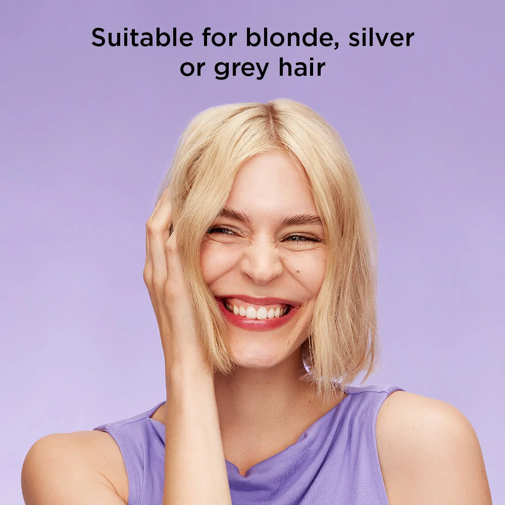 Woman with blonde hair against a purple background with text indicating suitability for blonde, silver, or grey hair.