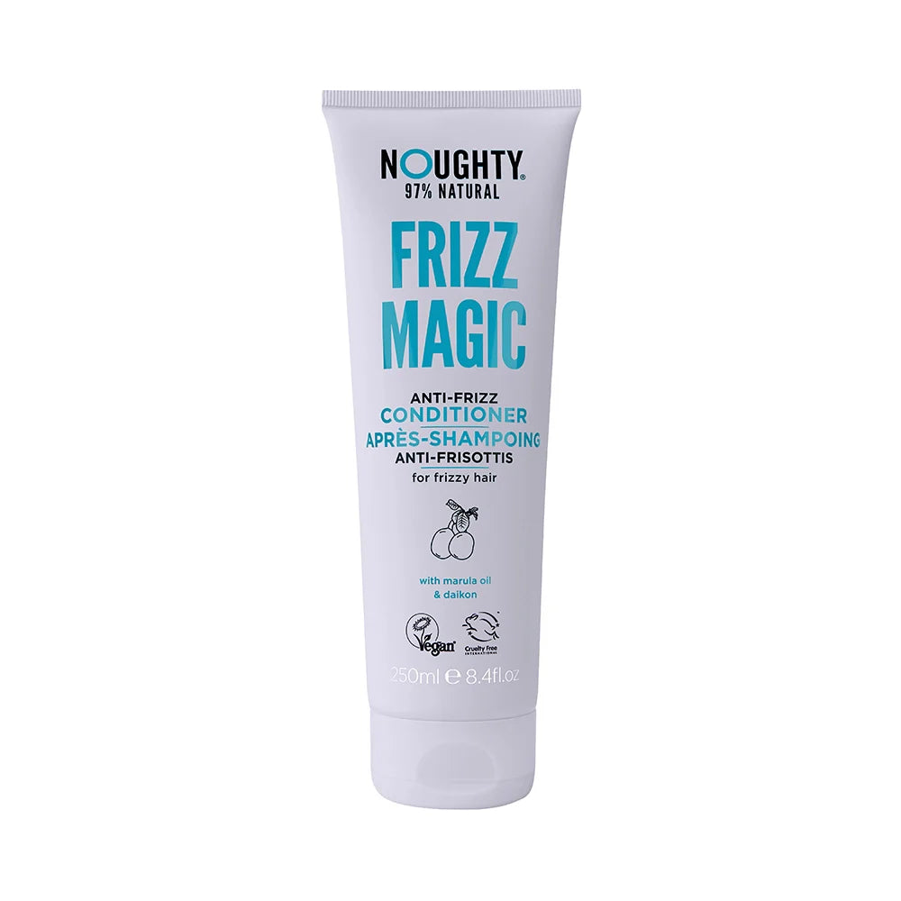 Nughty Frizz Magic anti-frizz conditioner bottle on a white background