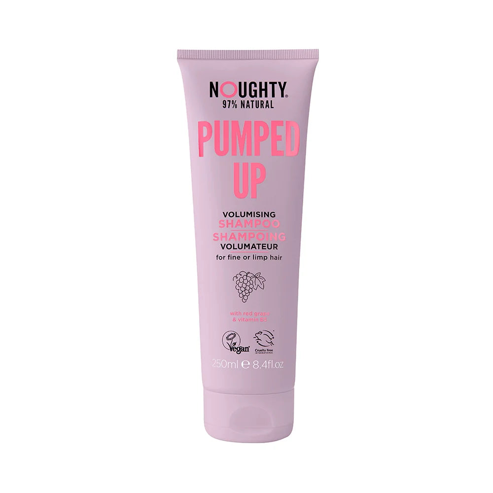 Pink shampoo tube labeled 'Pumped Up' on a white background