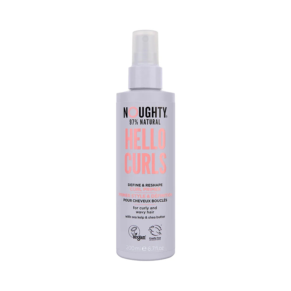 Hair product bottle labeled 'Hello Curls' on a white background