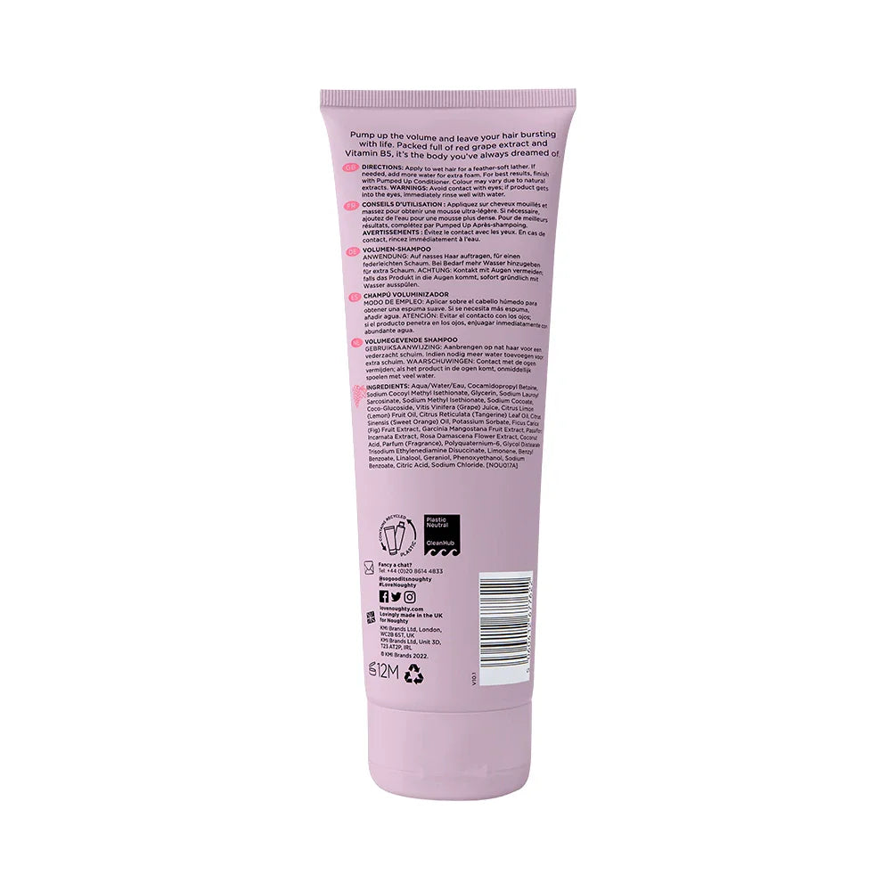 Pink shampoo bottle with text on a white background