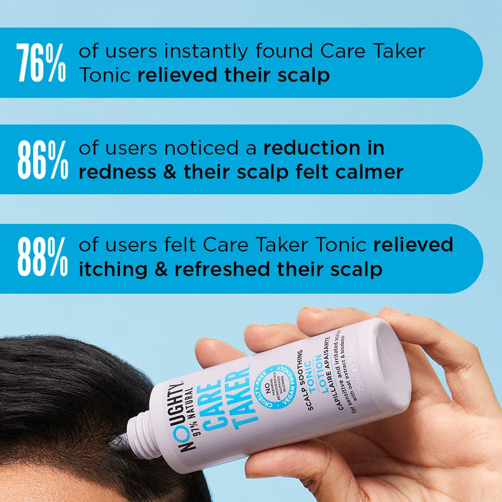 Care Taker Tonic bottle with user feedback on a blue background