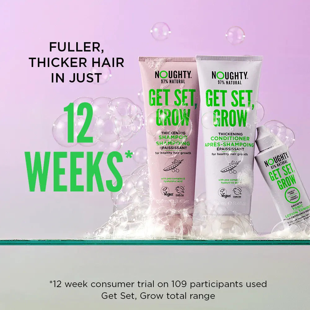 Nughty Get Set Grow hair care products with text on a light purple background
