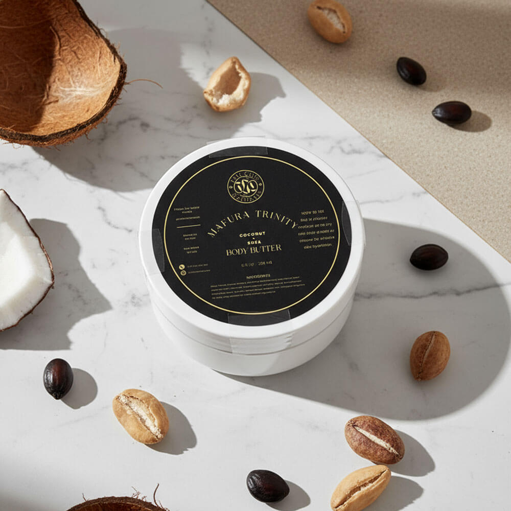 Body butter container with coconut and coffee beans on a marble surface