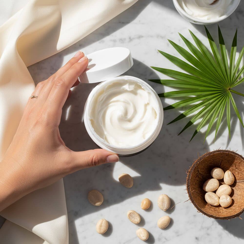 Hand opening a jar of cream on a marble surface with a palm leaf and coconut shell.