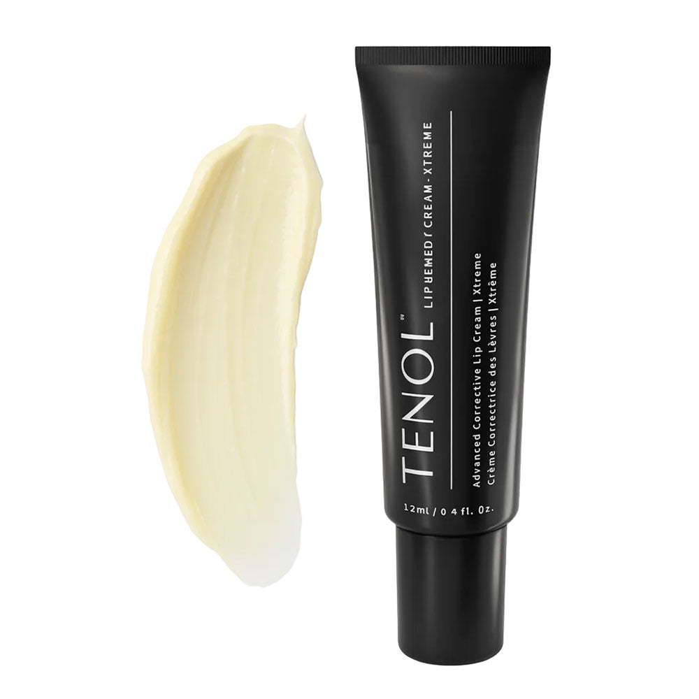 Black tube of TENOL lip balm with a swatch of cream on a white background