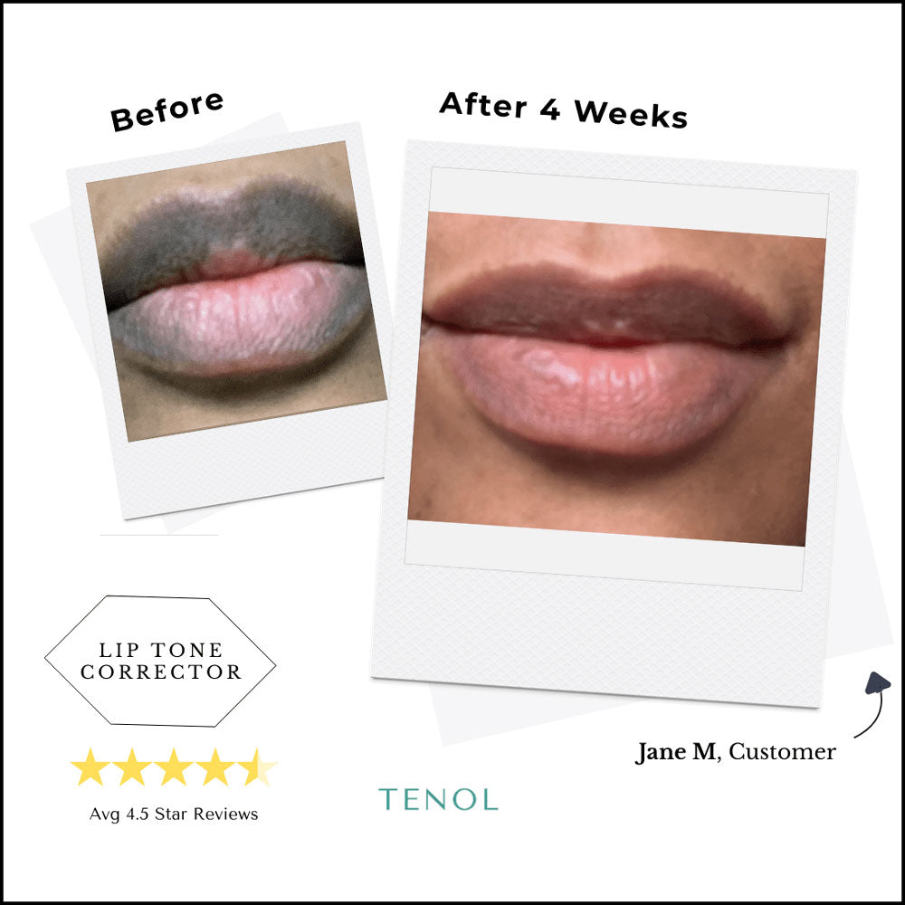 Before and after comparison of lips using a lip tone corrector with customer review details.