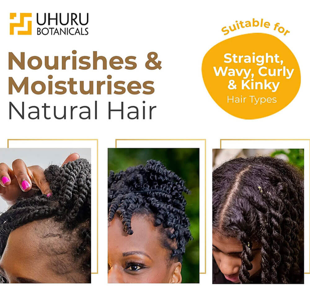 Advertisement for Uhuru Botanicals hair care product with images of natural hair types.