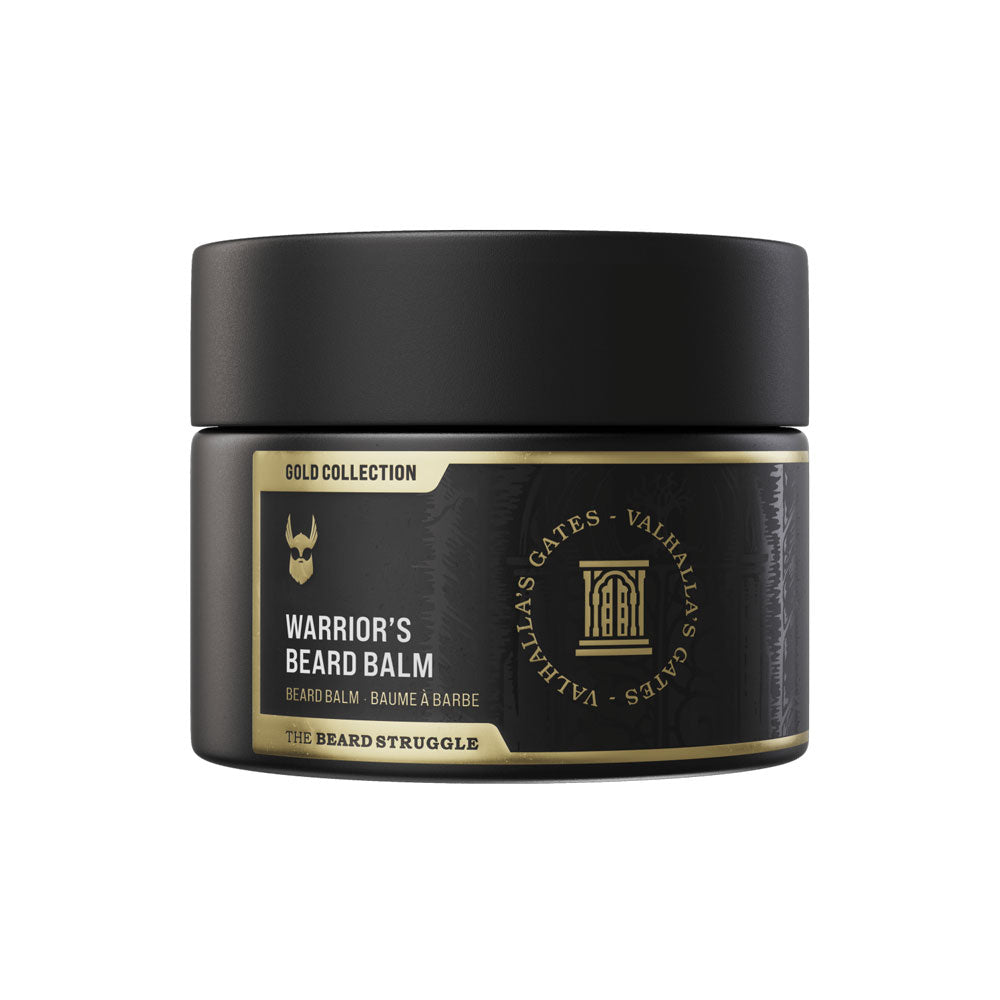 Black jar of Warrior's Beard Balm with gold text on a white background