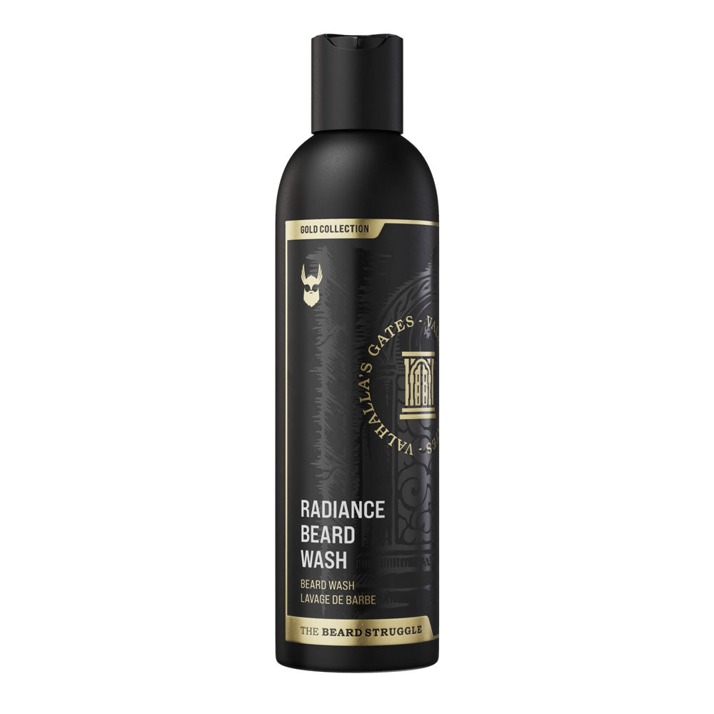Black beard wash bottle with gold text on a white background