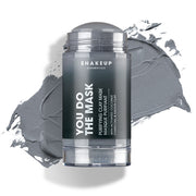 Shakeup Cosmetics clay mask packaging with gray mask application on a white background