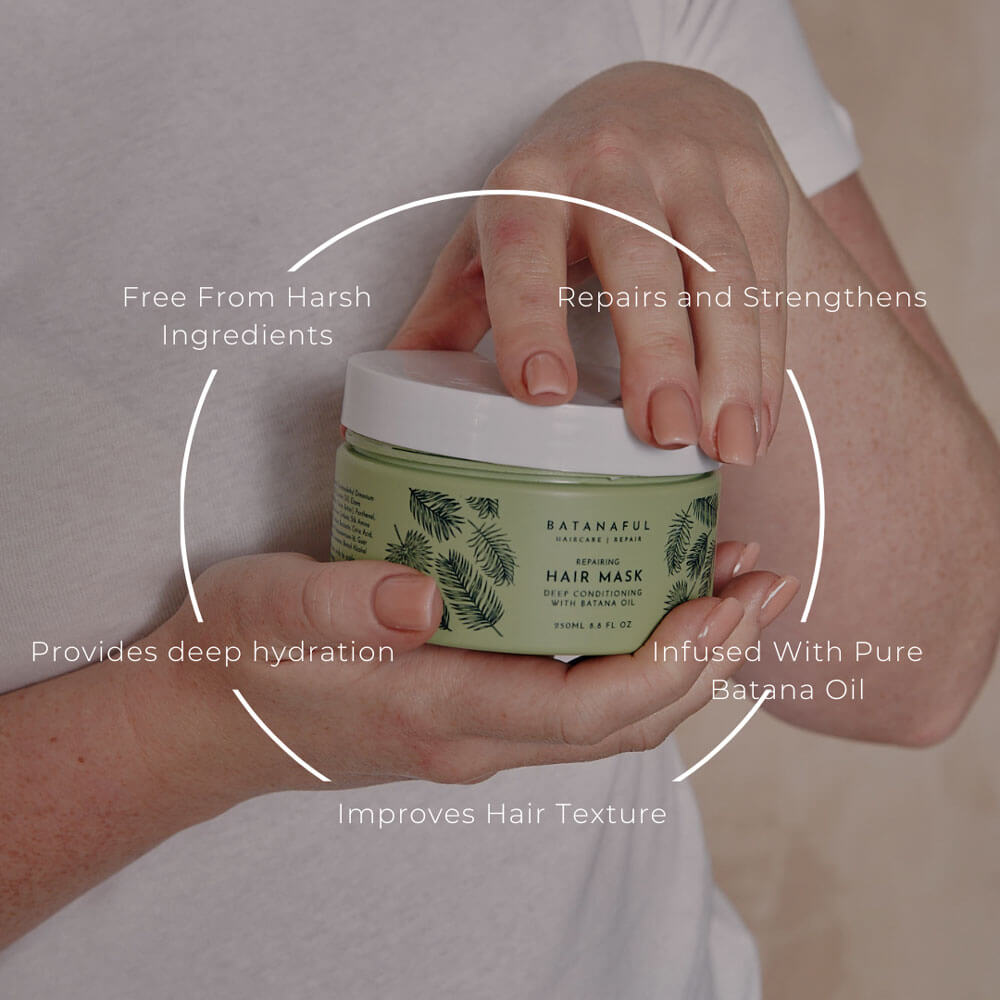 Person holding a jar of Batanaful hair mask with text highlighting its benefits.