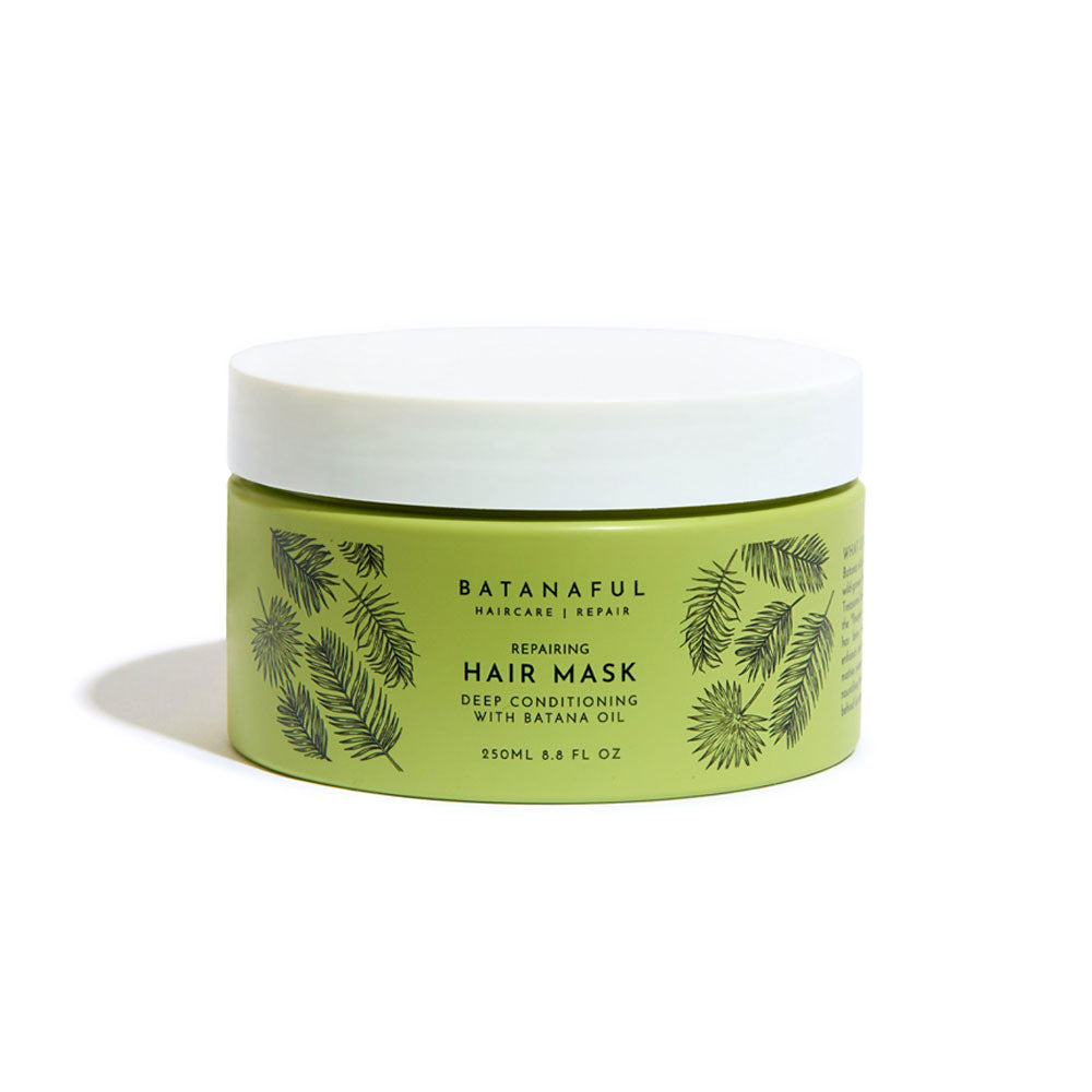 Batanaful hair mask jar with green label and white lid on a white background