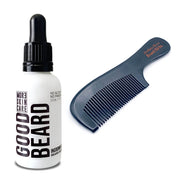 Bottle labeled 'Good Beard' and a comb on a white background