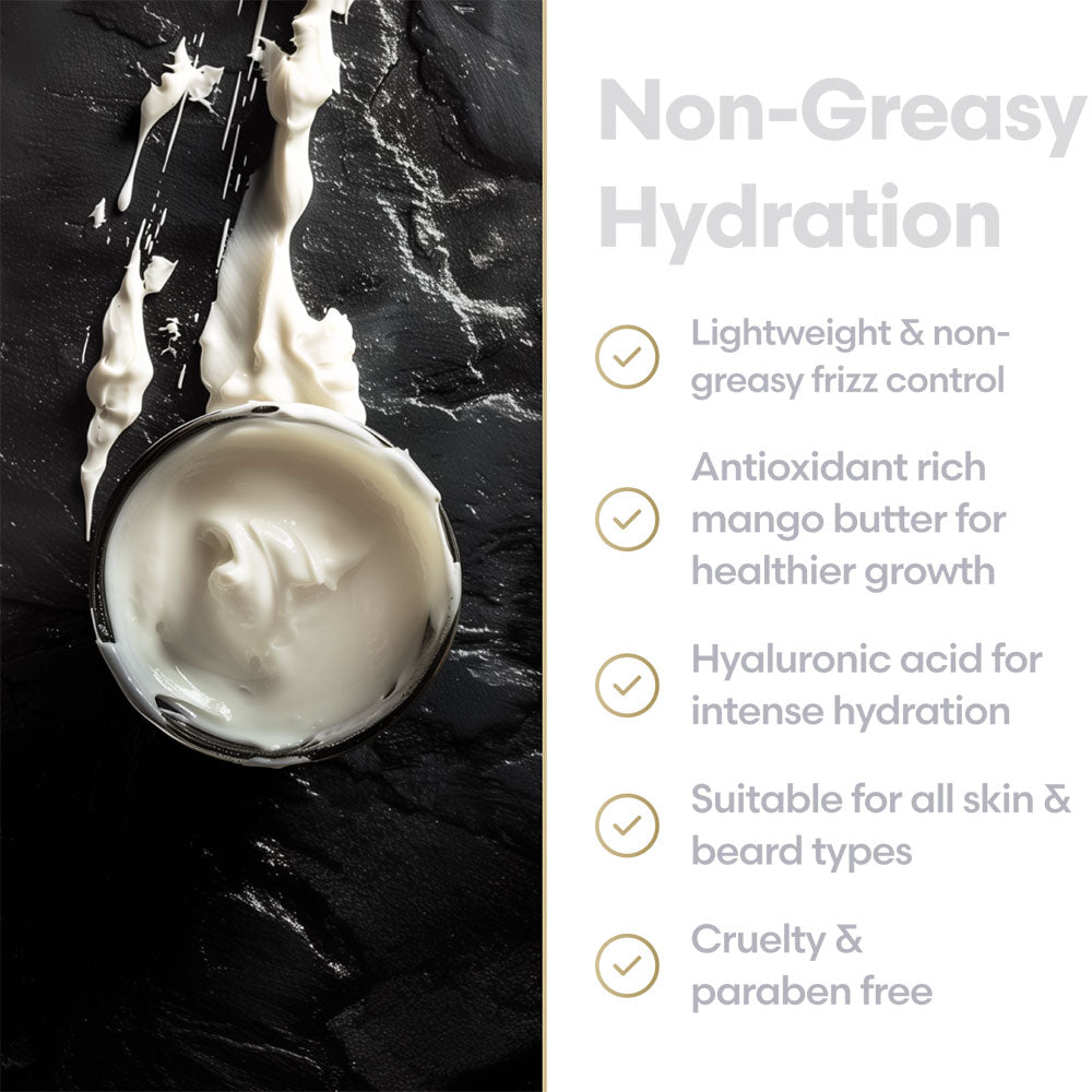 Curling cream in a jar with a black background and text about product features.