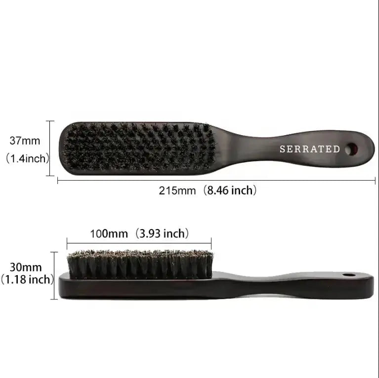 Black bristle brush with measurements on a white background
