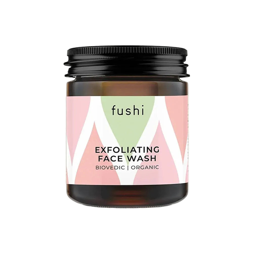 Fushi exfoliating face wash jar with geometric label on a white background