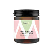 Fushi exfoliating face wash jar with geometric label on a white background